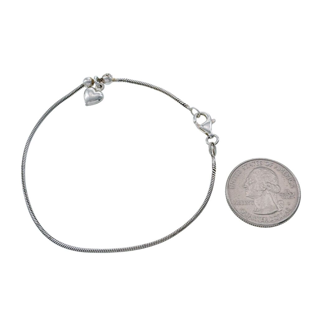 Vintage Italian Sterling Silver 925 Snake Chain Bracelet with Heart Charm 7.75"